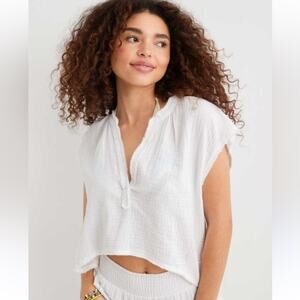 Aerie Pool-To-Party Cropped White Gauze Shirt Size XL